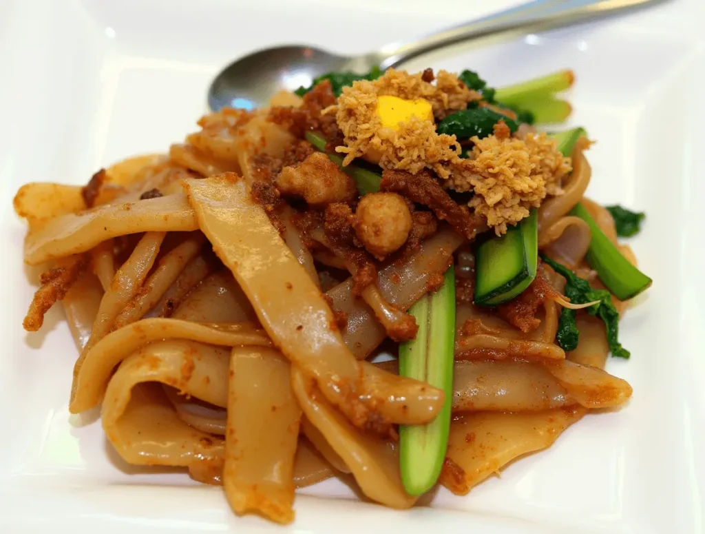 Chinese broccoli added to Phat Si-io in a wok.