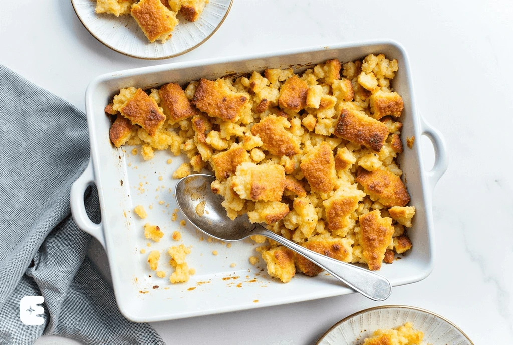 Golden baked pineapple stuffing in a casserole dish