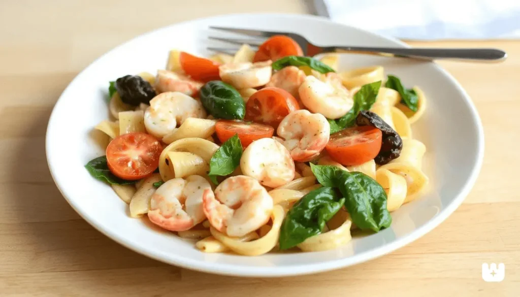 Plated seafood pasta salad garnished with fresh herbs and lemon wedges