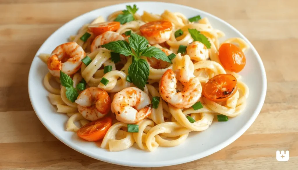 Fresh ingredients for seafood pasta salad including shrimp, crab, celery, pasta, and dressing ingredients