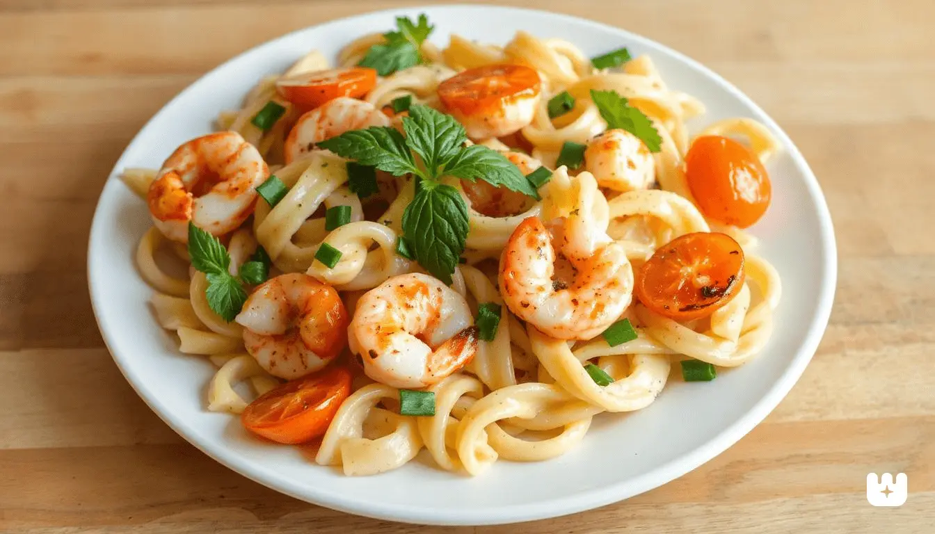 Fresh ingredients for seafood pasta salad including shrimp, crab, celery, pasta, and dressing ingredients