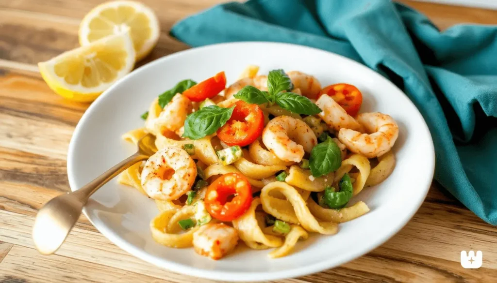 Mixing seafood, pasta, and creamy dressing in a large glass bowl