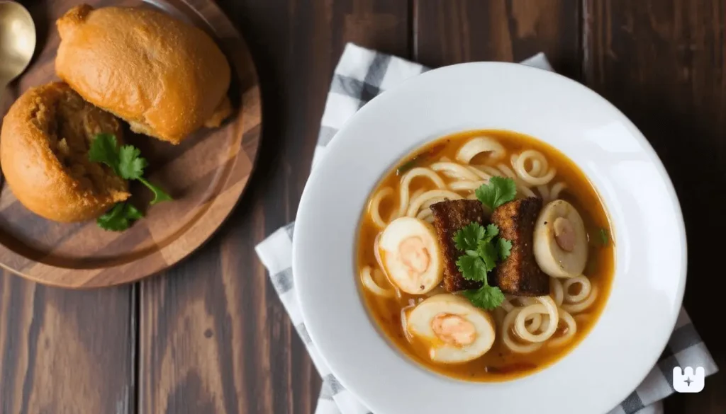 Ramen bowl being assembled with noodles, seafood, broth, and toppings.