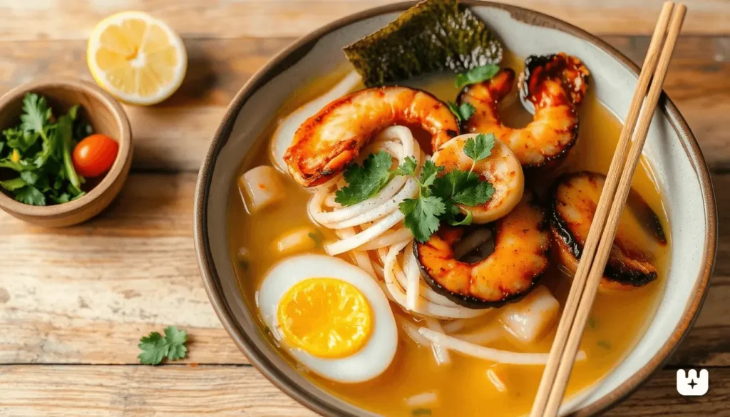 Seafood broth simmering in a pot with garlic, scallions, ginger, and miso paste.