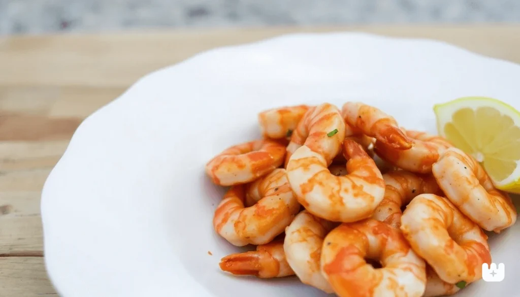 Close-up of seasoned shrimp marinating in a bowl with herbs and spices