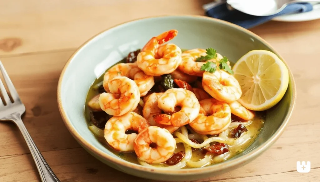 Shrimp stir-fry with broccoli, snap peas, and colorful vegetables served over rice
