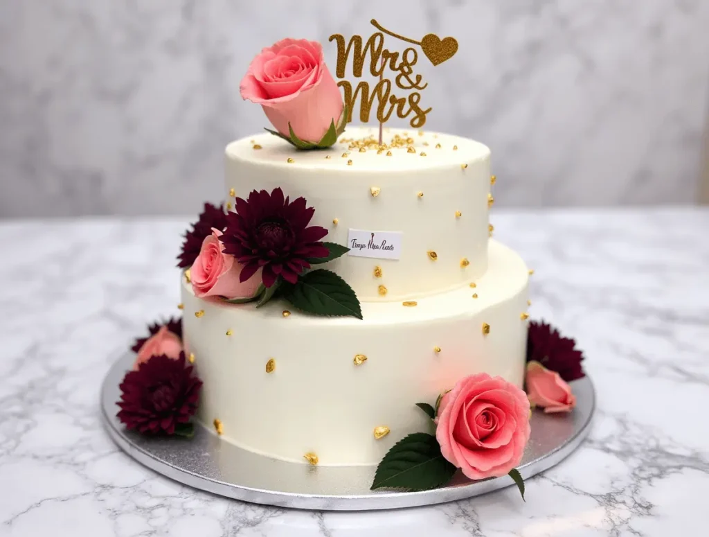 Vibrant wedding cake decorated with handmade sugar flowers in various colors