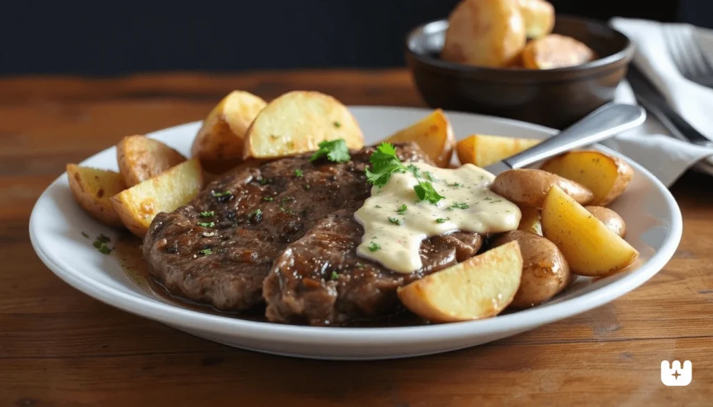 "Cooked steak resting on a cutting board with juices pooling"