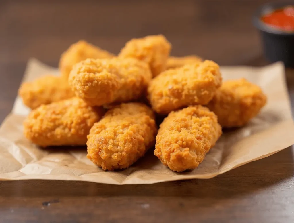 Cross-section of Taco Bell chicken nugget showing juicy white meat inside.