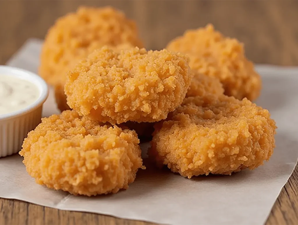 Plate of homemade Taco Bell-style chicken nuggets served with dipping sauces.