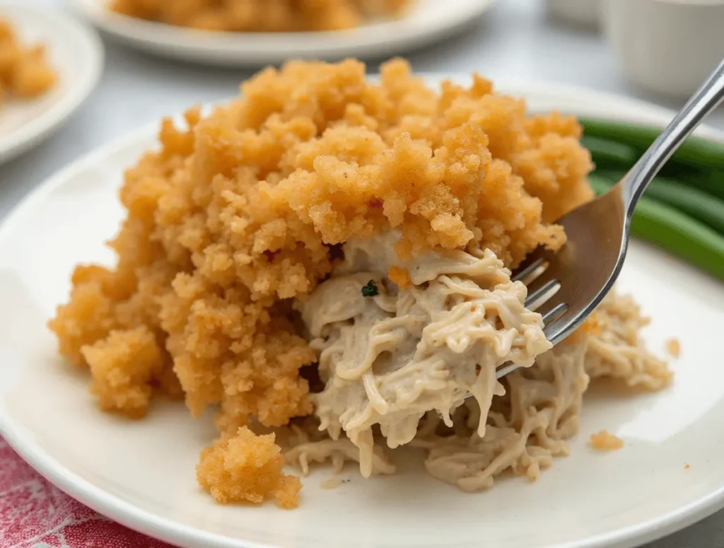 Golden-brown Ritz Cracker Chicken Casserole fresh from the oven.
