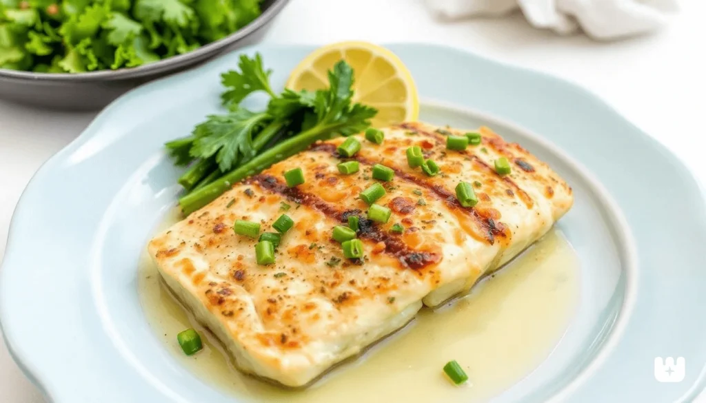 Tilapia fillet in creamy garlic sauce with fresh herbs