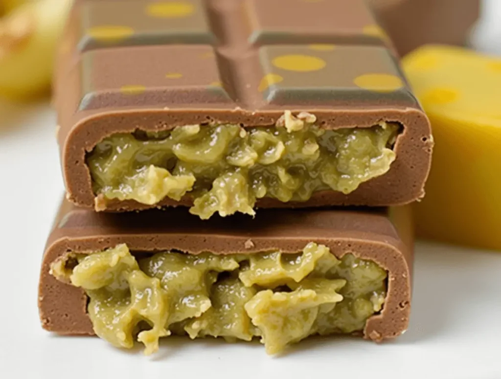 Knafeh chocolate bar slice served on a plate with pistachio garnish