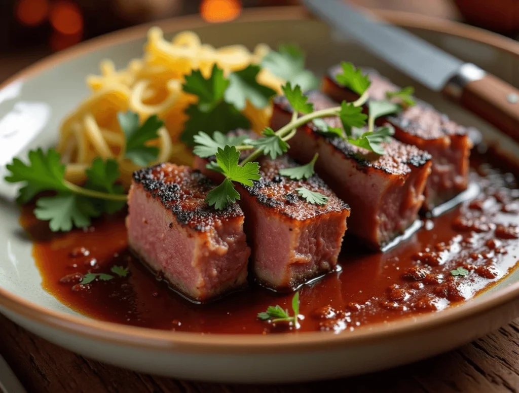 Venison cube steak slow-cooked in a rich brown sauce with onions.