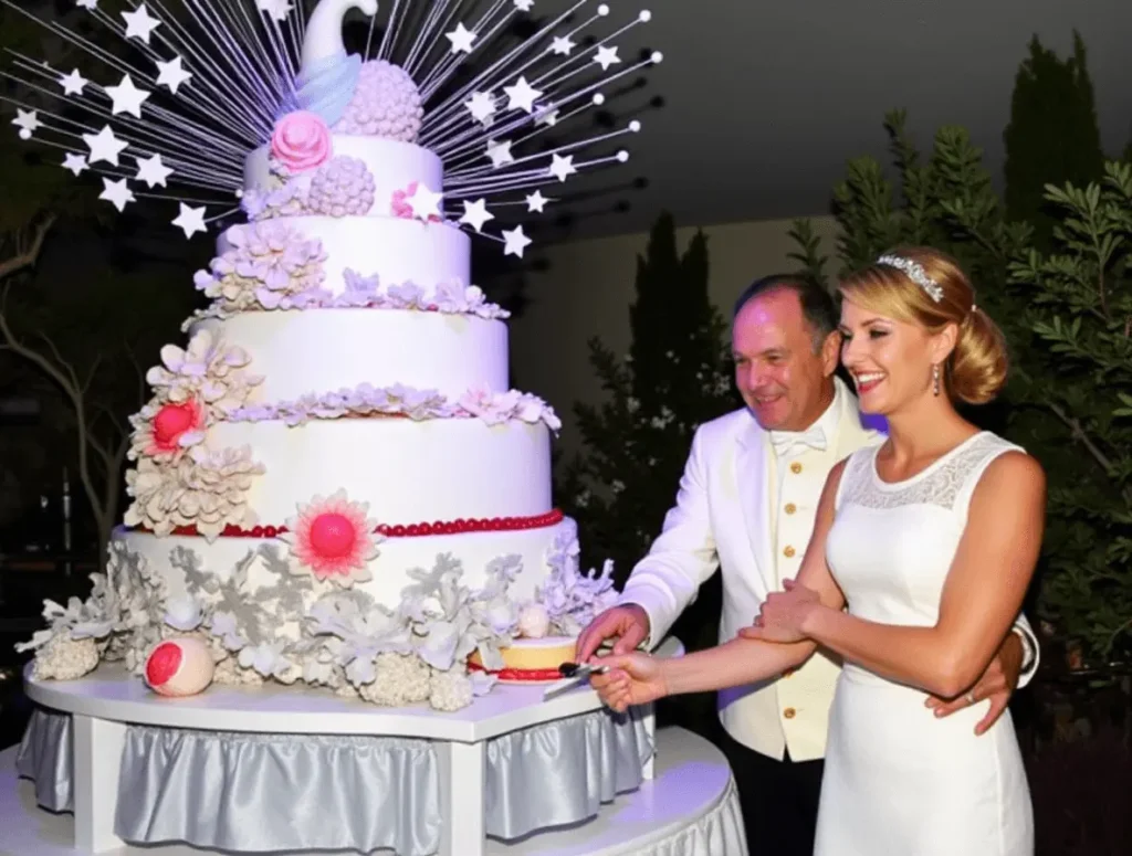 Sleek white wedding cake with gold foil accents and clean lines