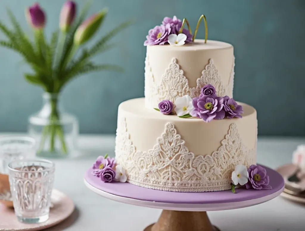 Rustic naked wedding cake topped with fresh berries and greenery